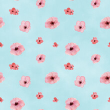 Seamless Pattern With Watercolor Wild Small Pink Flowers On Turquoise Background.