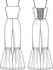 Vector woman strapless jumpsuit technical drawing, sleeveless jersey jumpsuit with smock detail fashion CAD, flared legs jumpsuit template, flat, sketch. Jersey or woven fabric jumpsuit, white color