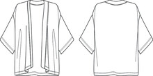 Vector Long Sleeved Jacket Fashion CAD, Summer Woman Kimono Technical Drawing, Template, Flat, Sketch. Jersey Or Woven Fabric Kimono With Front, Back View, White Color