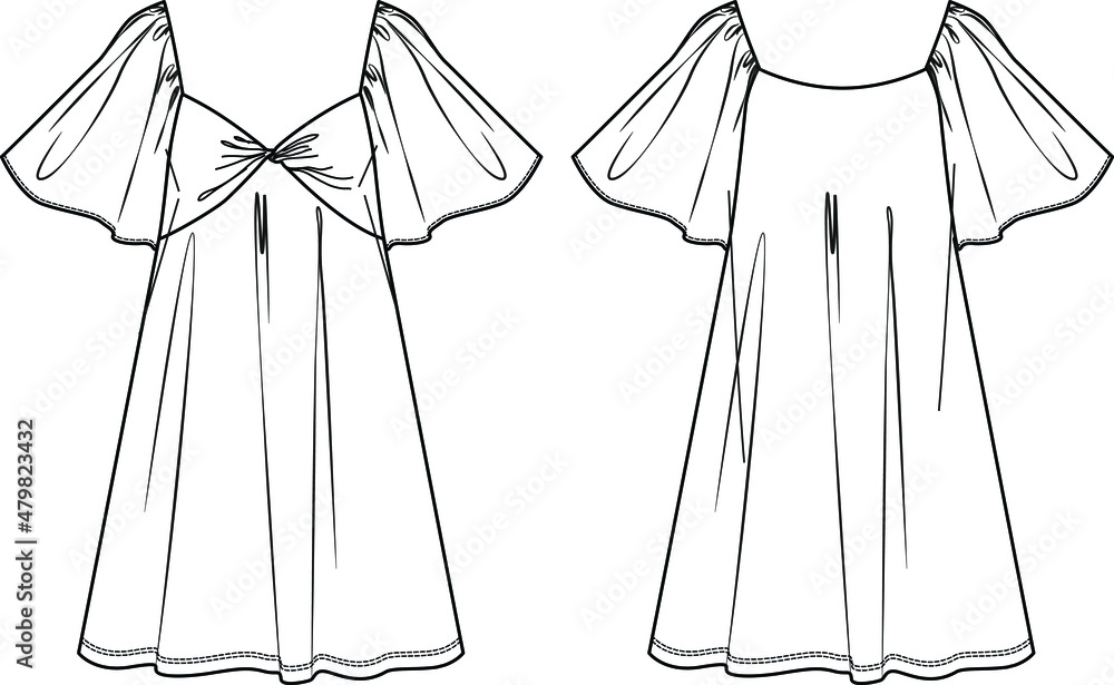 Vector mini dress with square neck technical drawing, short sleeved women  dress fashion CAD, flat, mini