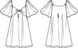 Vector mini dress with square neck technical drawing, short sleeved women dress fashion CAD, flat, mini dress with knot detail template. Jersey or woven fabric dress with front, back view, white color