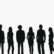 Vector silhouettes of men and women, a group of standing and walking business people, black color isolated on a white background