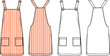 Vector dungaree dress fashion CAD, woman mini dress with striped seamless pattern technical drawing, template, flat, sketch, mock up.  Jersey or woven fabric dress with front, back view, white color