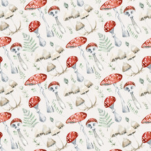Woodland Seamless Pattern For Fabric, Watercolor Forest Mushroom Seamless Digital Paper, Cute Amanita Mushroom Repeat Pattern For Nursery Decor, Textile, Wrapping Paper