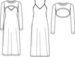 Vector maxi dress with shoulder straps technical drawing, woman slip dress with long sleeved bolero fashion CAD, sketch, template, flat. Jersey or woven fabric dress with front, back view, white color