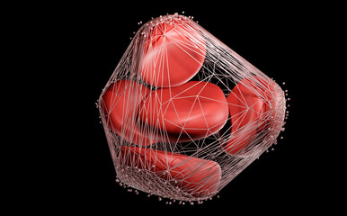 Blood clot, thrombosis, blood transfusion, platelets formatting a blood clot, technical visualization on black background, 3d illustration