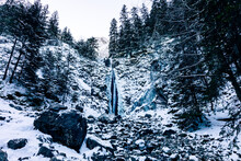 Waterfall Siklawica At Winter Time.Tatra Mountains In Poland, Near Zakopane, Europe.