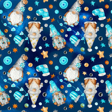 Watercolor Cute Scandinavian Gnomes Seamless Pattern. Winter Print For Fabric, Wrapping Paper, Nursery Wallpaper. Fairy Pattern For Kids On Dark Blue Background