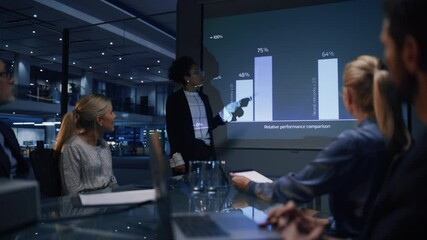 Poster - e-Business Technology Conference Presentation: Innovative Black Tech Engineer Talks about Revolutionary High-Tech Product. Projector Screen Shows Graphs, Infographics, AI, Big Data, Machine Learning