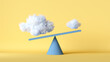 © NeoLeo - 3d render. Two different clouds placed on scales, isolated on yellow background. Abstract comparison concept. Simple colorful geometric cone shape. Business metaphor. Modern minimal scene
