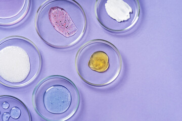 Wall Mural - Cosmetic products, scrub, face serum and gel in many petri dishes on a pink background. Cosmetics laboratory research concept. Pastel violet background