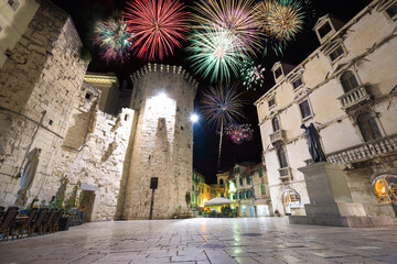 Sticker - Old town square with fireowkrs at Diocletian's Palace in Split. Croatia