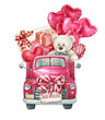 © Fefelova Yana - Valentine pink truck with teddy bear,letters,gift box. Watercolor Valentine's Day car, heart balloons, love wedding car graphics. Loads of love postcard