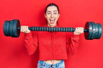 Sticker - Beautiful woman with blue eyes wearing sportswear using dumbbells celebrating crazy and amazed for success with open eyes screaming excited.