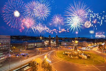 Canvas Print - Fireworks at Plaza de Espana. Barcelona, Spain