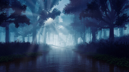 Wall Mural - mysterious woodland landscape with overgrown calm river among old creepy tree silhouettes in dark mi