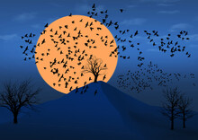 A Flock Of Starlings Migrate Over A Mountain Background And Setting Sun. This Is A 3-d Illustration.