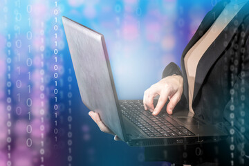 woman laptop. woman programming concept. girl programmer prints on laptop. girl works for internet d