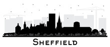 Sheffield UK City Skyline Silhouette With Black Buildings Isolated On White.