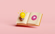 yellow light bulb with open book, play button isolated on pink background. idea tip education, knowledge creates ideas concept, minimal abstract, 3d render illustration