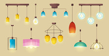 Ceiling Lamps, Glowing Electric Bulbs, Modern Lightbulbs Of Different Shapes And Design Hanging From Above. Light Equipment, Isolated Incandescent Chandeliers For Room Cartoon Vector Illustration, Set