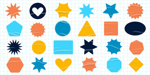 Blank stickers set. Empty colorful patches mockups with wrinkles. Vector design elements.