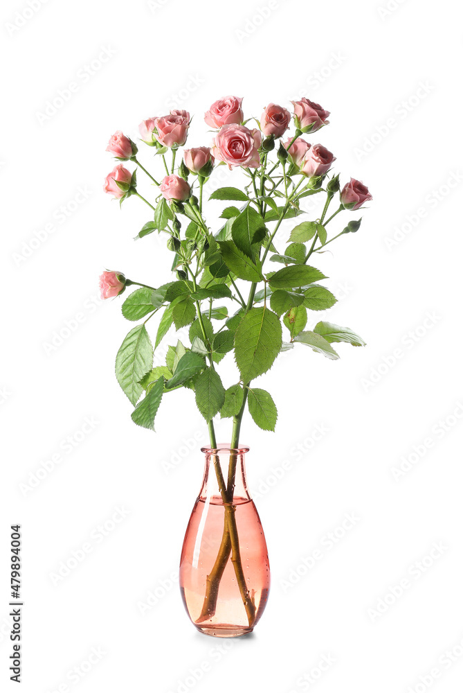 Vase with bouquet of beautiful roses on white background