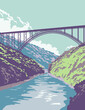 WPA poster art of New River Gorge National Park and Preserve in the Appalachian Mountains in southern West Virginia United States in works project administration style or federal art project style.
