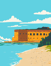 WPA Poster Art Of Dry Tortugas National Park With Fort Jefferson In Monroe County West Of Key West In The Gulf Of Mexico Florida USA In Works Project Administration Style Or Federal Art Project Style.