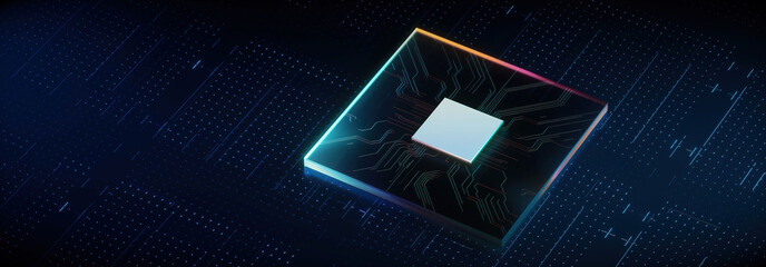 3D rendering of cyberpunk AI. Circuit board. Technology background. Central Computer Processors CPU and GPU concept. Motherboard digital chip. Tech science background.