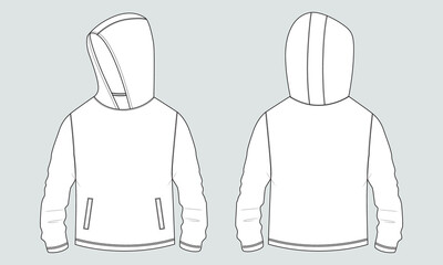 Long sleeve hoodie with Zipper technical fashion Drawing sketch template front and back view. apparel dress design vector illustration mock up jacket CAD. Easy edit and customizable.
