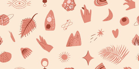 Boho seamless pattern of hand drawn various shapes and doodle objects. Abstract contemporary Mid Century modern art trendy vector illustration. Minimalist modern abstract template for print, poster. 