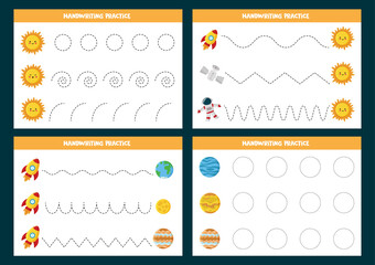 Canvas Print - Set of tracing lines worksheets with space pictures. Writing practice.