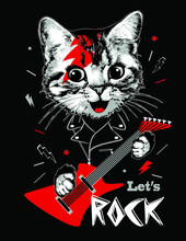Cat Kitten Portrait With Guitar. Slogan Let's Rock. Vector Illustration.