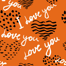 Pattern Seamless Text I Love You, Hand Written Words.Sketch, Doodle, Lettering, Hearts, Happy Valentines Day. Vector Illustration Background