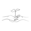 Hand holding plant, eco icon. Print for clothes, t-shirt, emblem or logo design, continuous line drawing, small tattoo, isolated vector illustration. Growing plant in hand palm. 