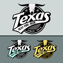 Vector Texas Logo In Three Color Variations. Vintage, Stylish Logo For Your Establishment, Bar, Restaurant, Pub. Logo Skull, Buffalo Head, Cows, Wild West. Clothes Design, Typography, Print, Poster