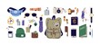 Everyday carry stuff for travel. Tourist bag and accessories set. Backpack content, essentials, things, supplies and equipment. Flat graphic vector illustration of EDC isolated on white background