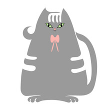 Cat Cartoon Gray With Pink Bow, Flat Style Isolated On Transparent Background, Vector Illustration