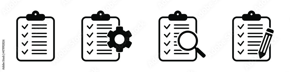 Clipboard icon. Checklist with gear, checkmarks, magnifier and pencil ...