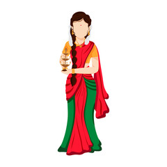 Sticker - South Indian Woman Holding Stand Of Lit Oil Lamp (Diya) In Standing Pose.