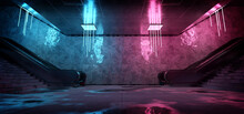 Realistic Underground Subway Station Background With Wet Floors. Futuristic Metro Interior With Blue And Pink Glowing Neon Lights And Escalators. 3D Rendering