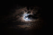 The full moon hiding in the cloudy night sky with blurry bare tree branches in silhouette. Dark background of the moonlight through the clouds