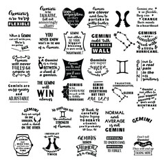 lettering quotes about zodiac sign gemini. funny quotes. doodle hand drawn design elements for cards