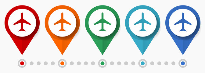 Poster - Plane, flight, airplane concept vector icon set, flat design pointers, infographic template