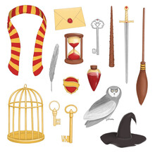 Magic Set Of Illustrations In Red And Yellow Colors With Broomstick, Owl, Scarf And Witchcraft Tools. 