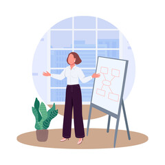 Wall Mural - Woman on business presentation semi flat color vector character. Coaching figure. Full body person on white. Lecture isolated modern cartoon style illustration for graphic design and animation