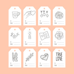Wall Mural - Set of gift tags with black and white hand-drawn doodles for Valentine's Day. A collection of present labels with illustrations and words To, from. Simple vector illustrations on a white background.