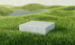 Green grass field with marble podium. Summer landscape scene mockup. 3d illustration