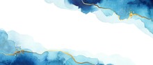 White And Blue Shades Watercolor Fluid Painting Vector Background Design. Dusty Pastel And Golden Marble.